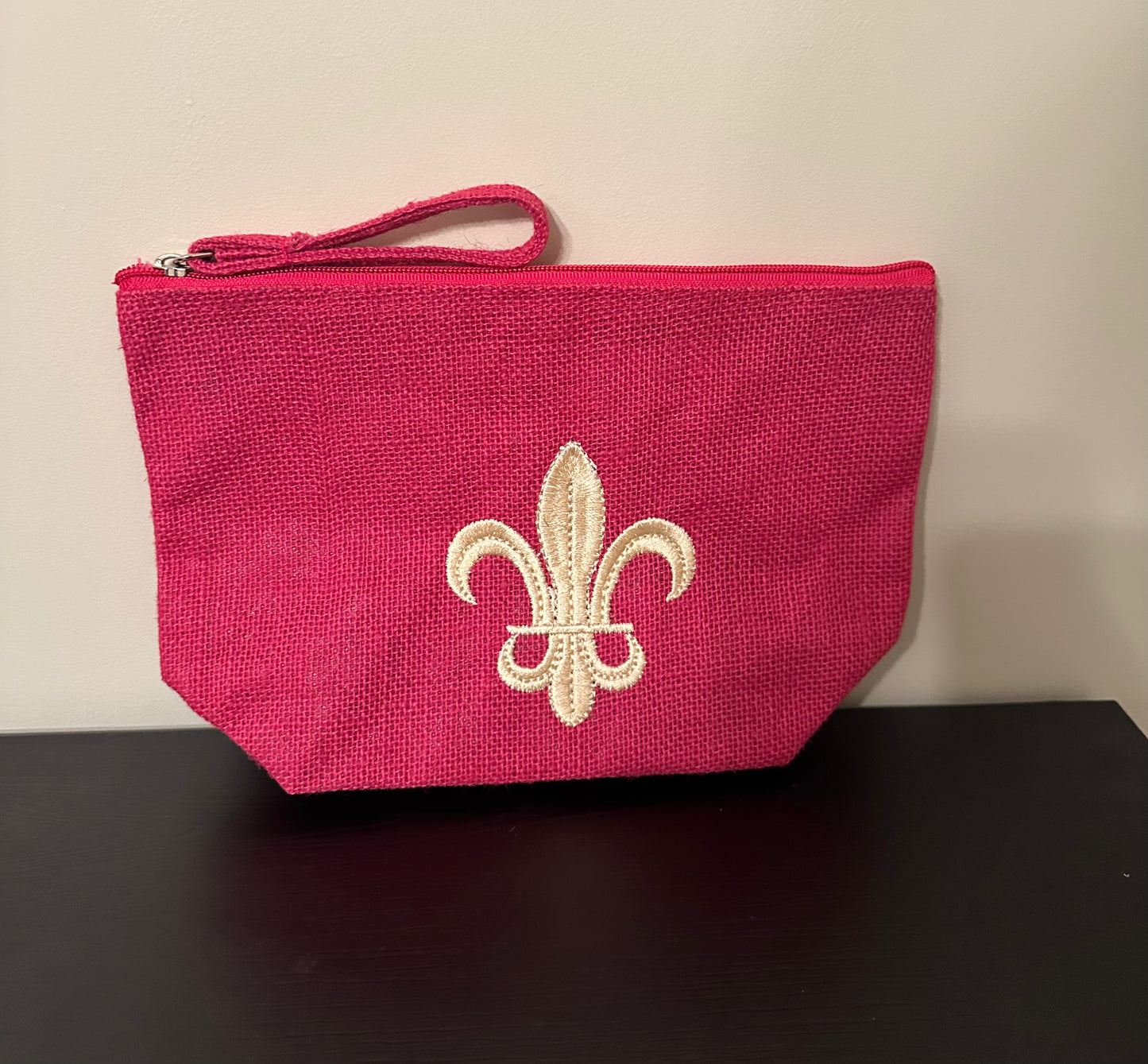 Pink Fleur De Lis Stitched Cosmetic Pouch