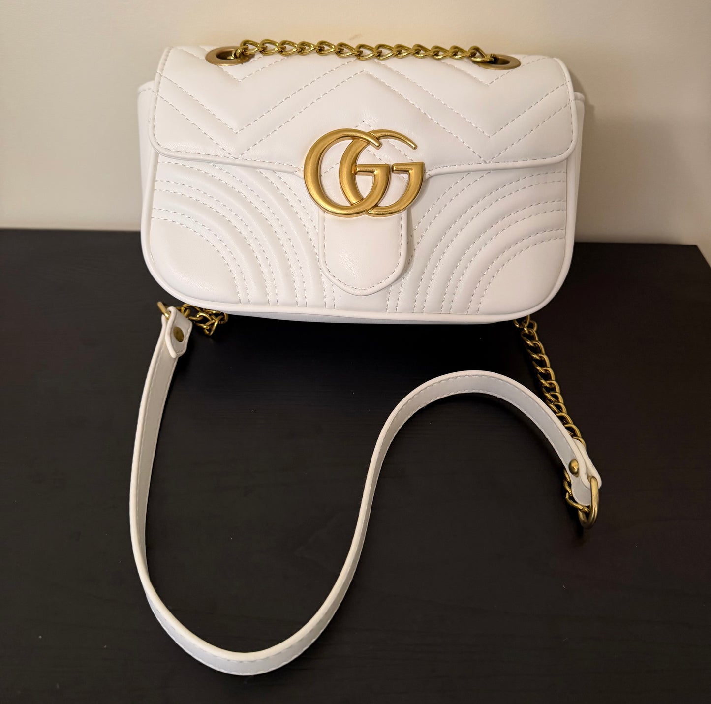 Double G White/Gold Quilted Shoulder Bag (21.5cm)