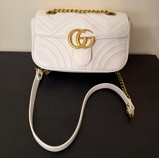 Double G White/Gold Quilted Shoulder Bag (21.5cm)