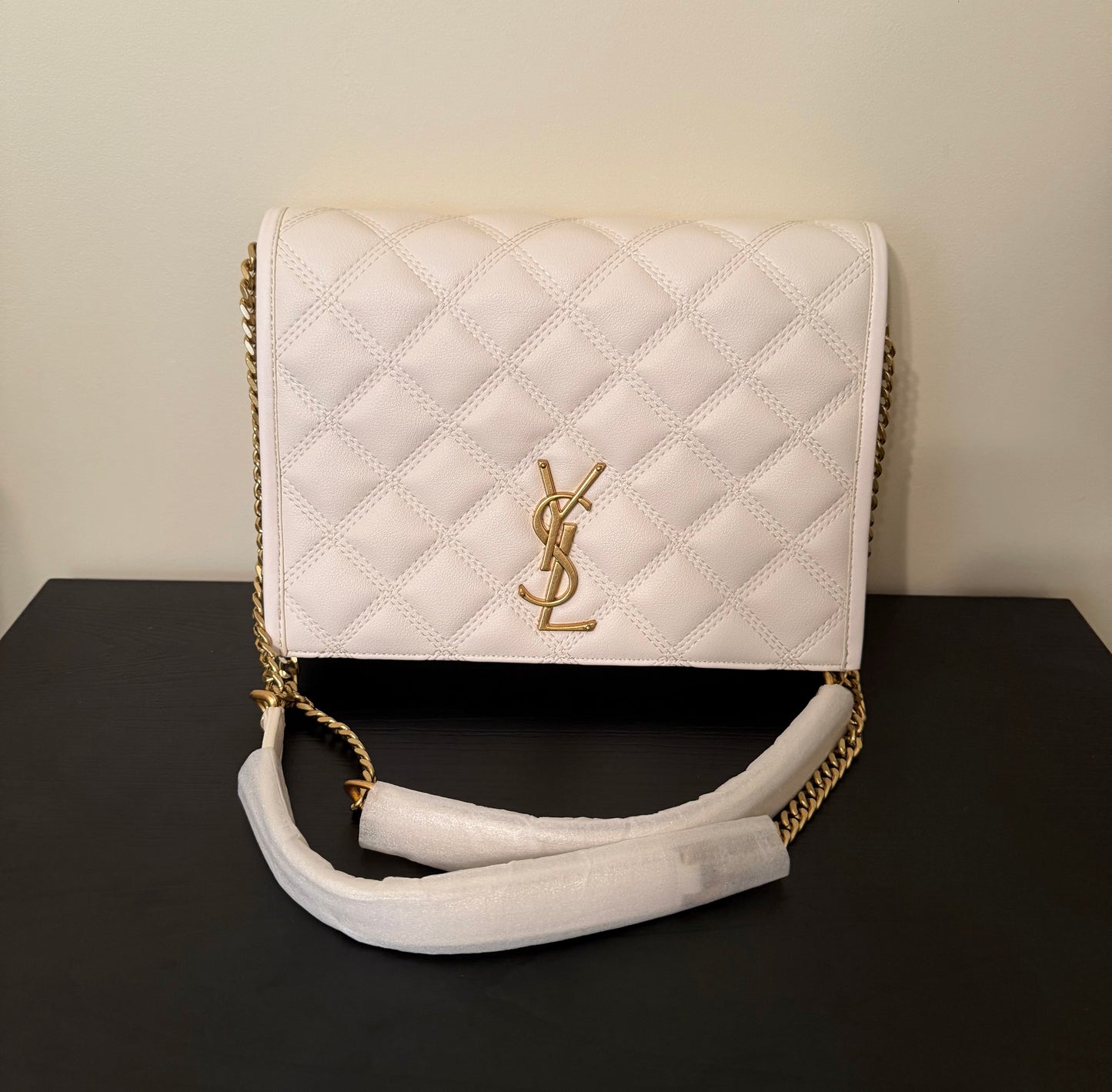Y $ White/Gold Quilted Foldover Shoulder Bag