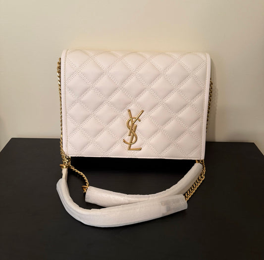 Y $ White/Gold Quilted Foldover Shoulder Bag