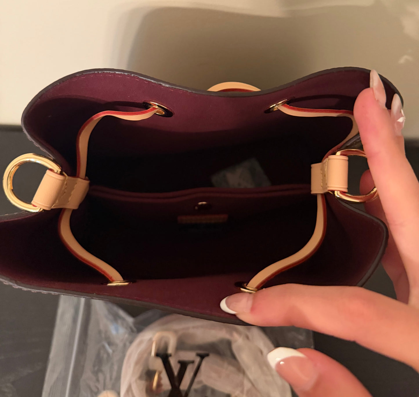 Brown Monogram Bucket Bag (Tan Strap)