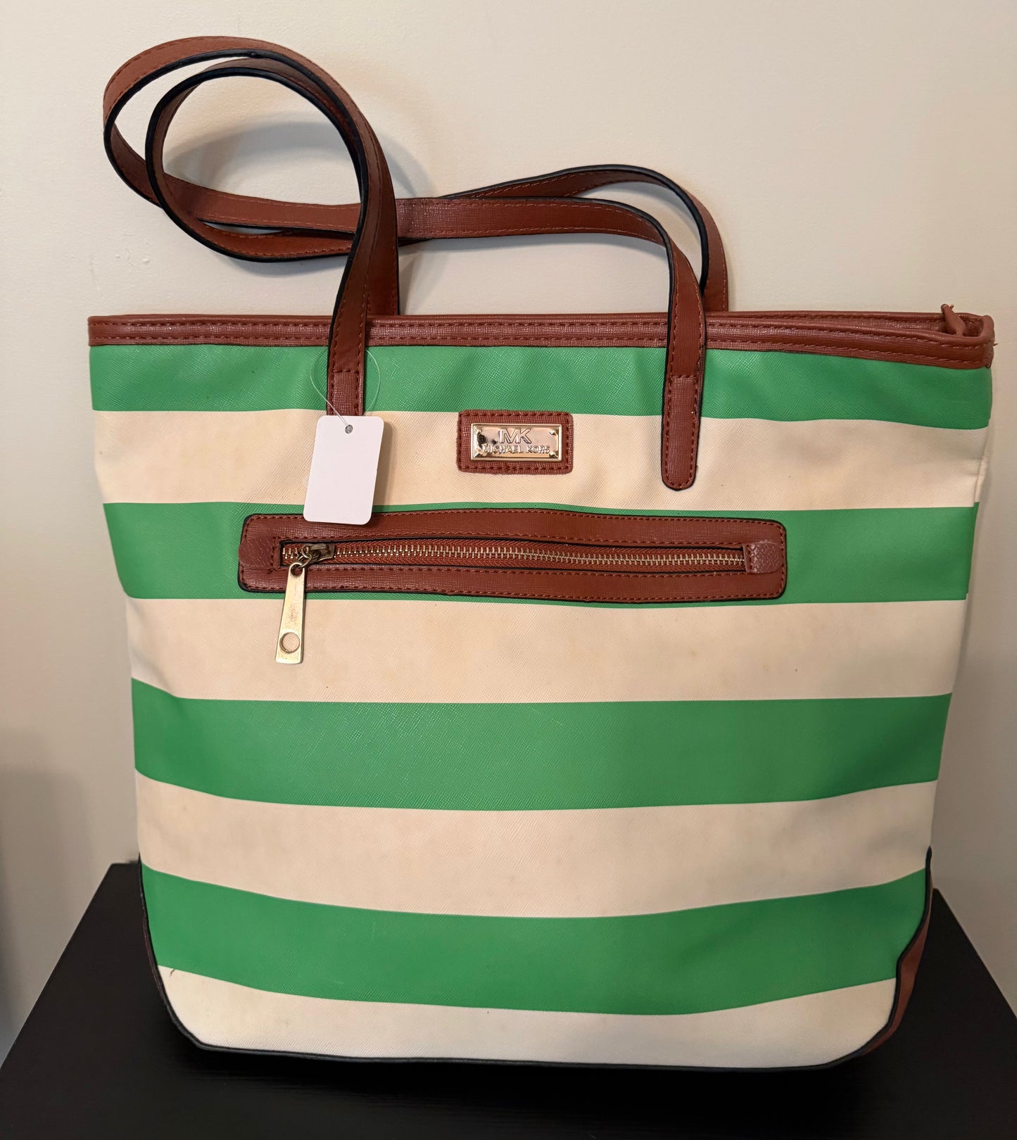 BF - Mich K Green/Cream Leather Beach Tote