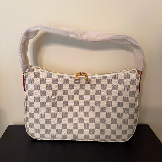 White Checkered Monogram Slouch Handbag