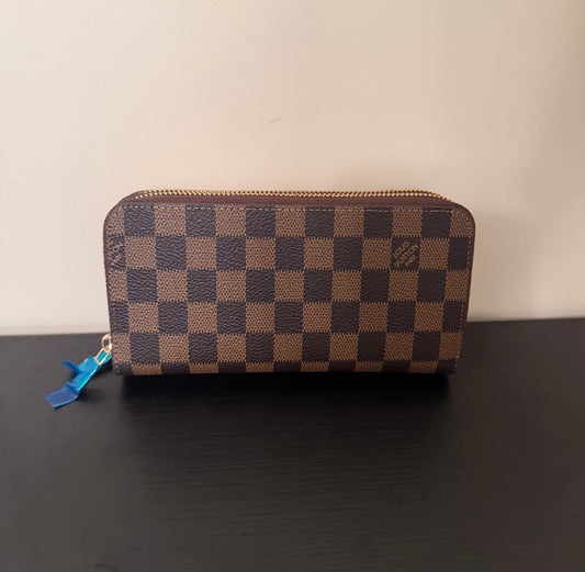 Brown Checkered Double Zip Wallet