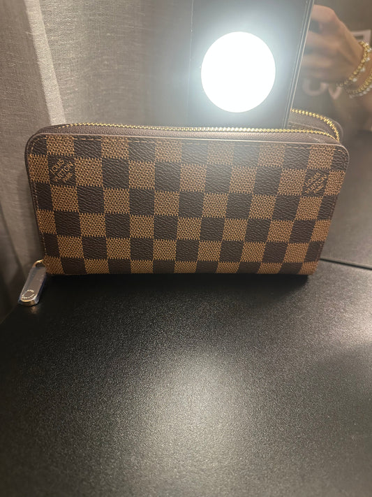 Brown Checkered Zip Wallet