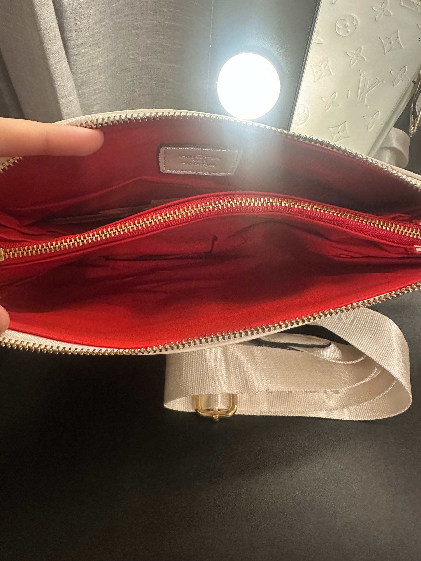 DISCOUNTED White Cousin Bag (Strap is faded a little from the interior!)