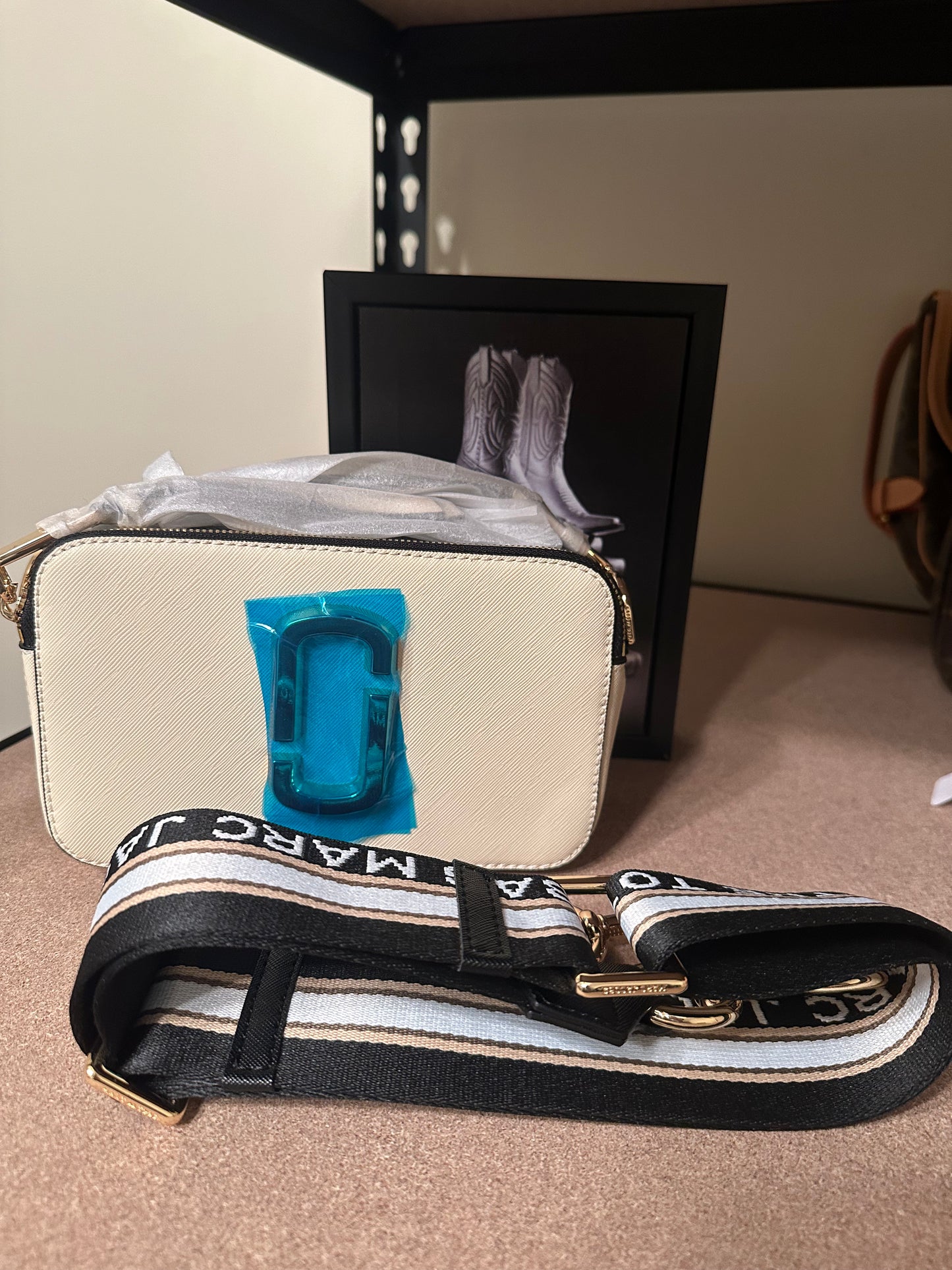 M J Black/Gold/Tan Camera Snap Bag (Strap says “The Tote Bag.”)