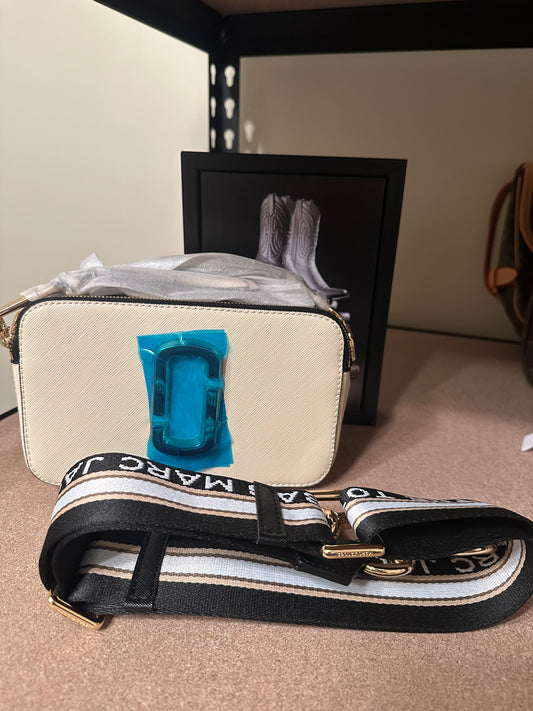 M J Black/Gold/Tan Camera Snap Bag (Strap says “The Tote Bag.”)