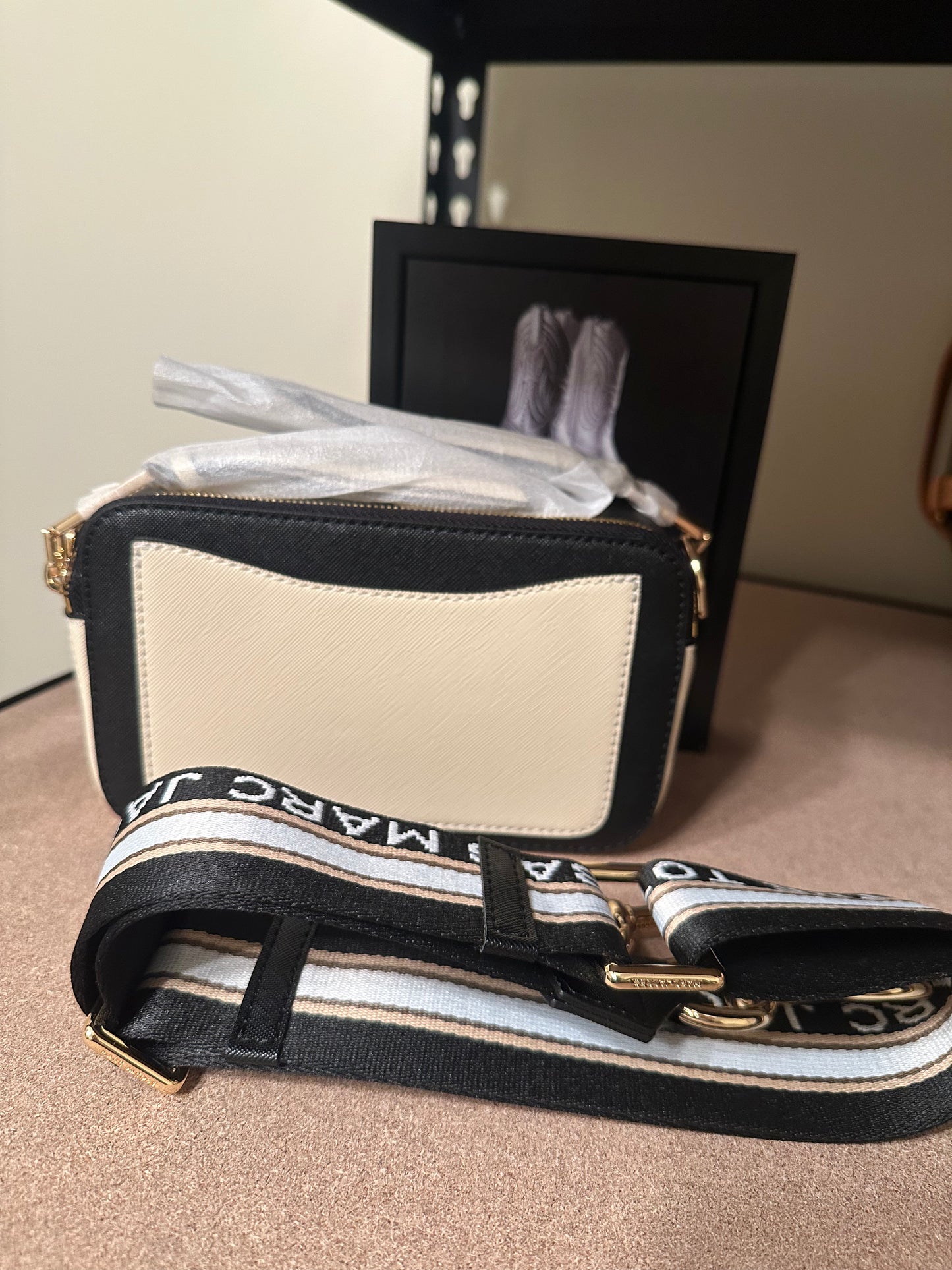 M J Black/Gold/Tan Camera Snap Bag (Strap says “The Tote Bag.”)