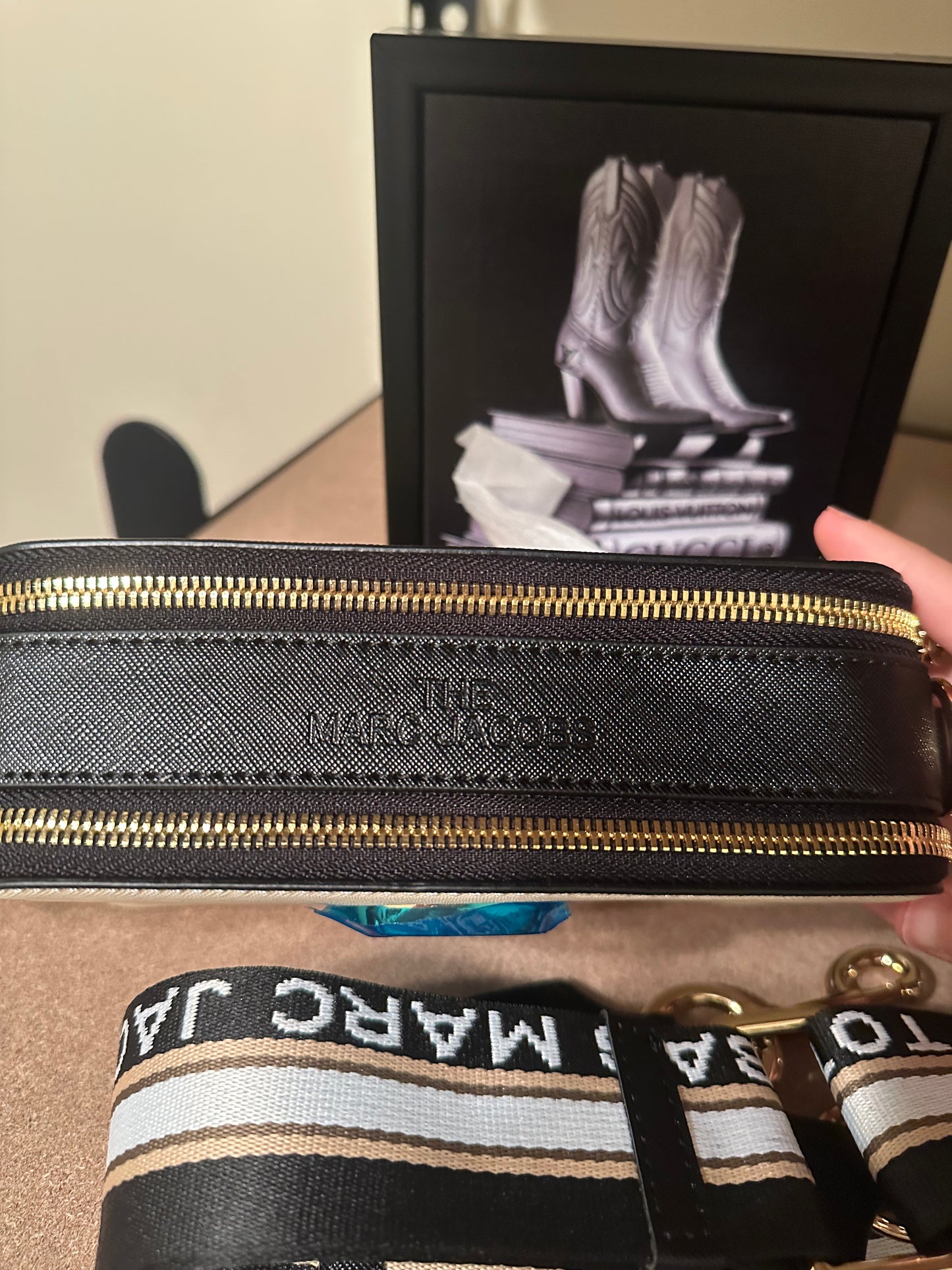 M J Black/Gold/Tan Camera Snap Bag (Strap says “The Tote Bag.”)