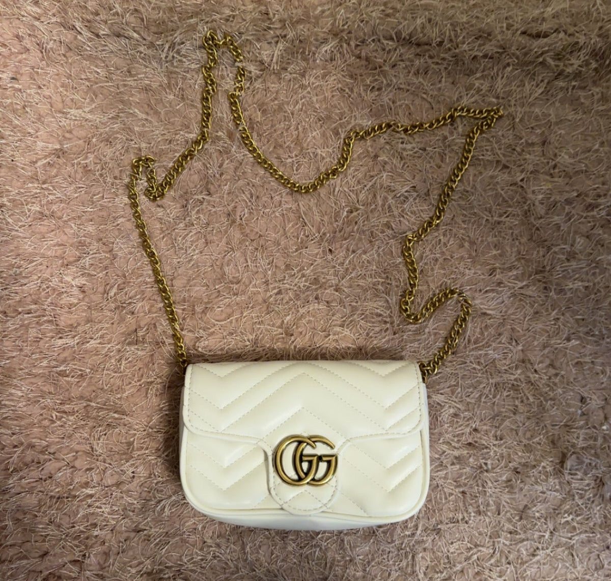 Double G White/Gold Quilted Shoulder Bag (Super Mini - 16.5cm)