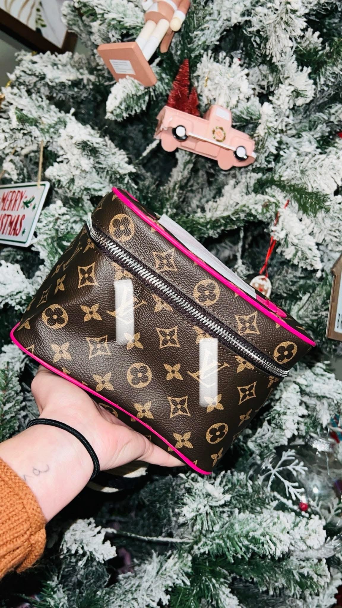 Brown Monogram/Pink Trim Makeup Bag