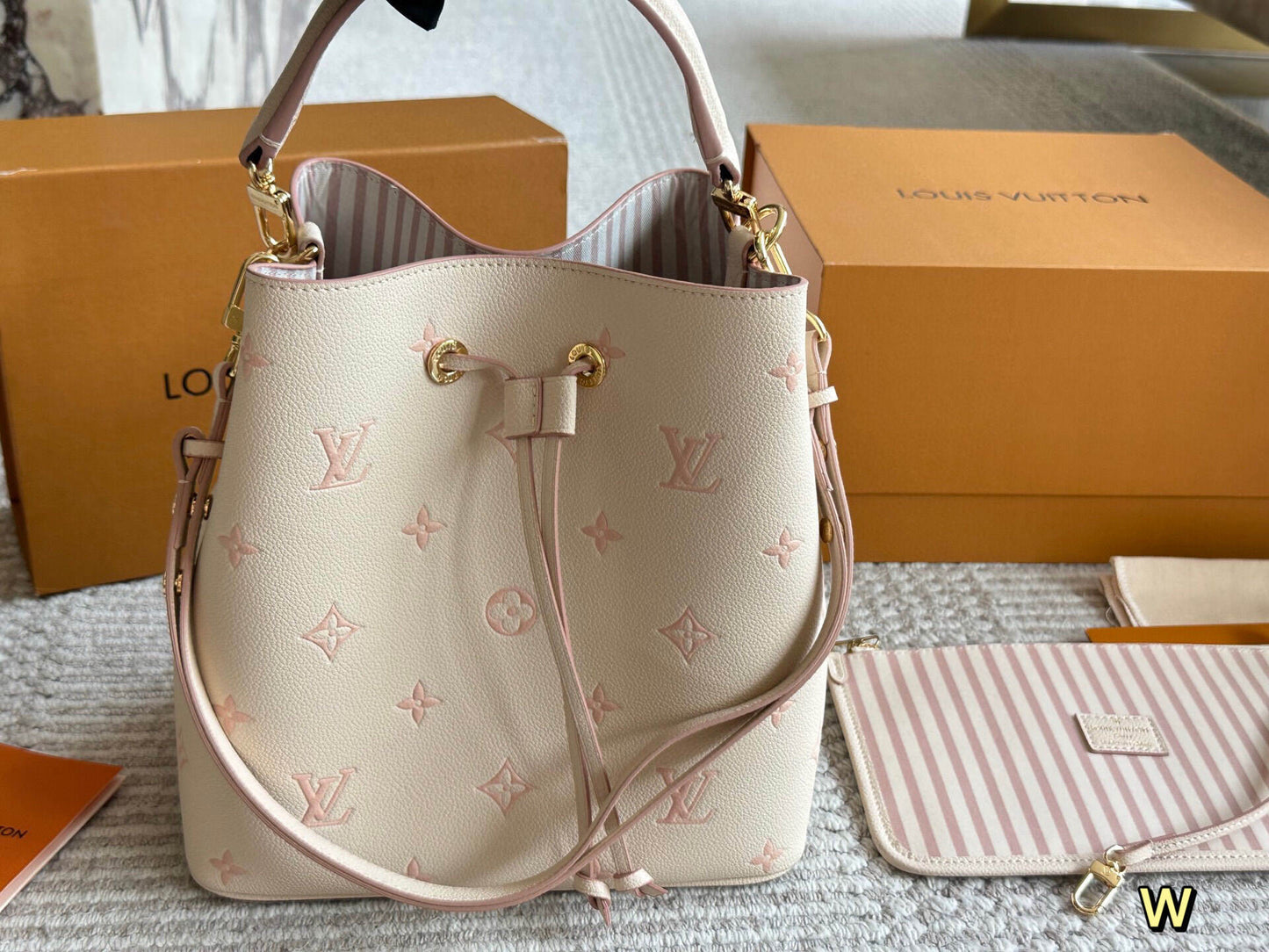 Cream/Pink Monogram Bucket Bag
