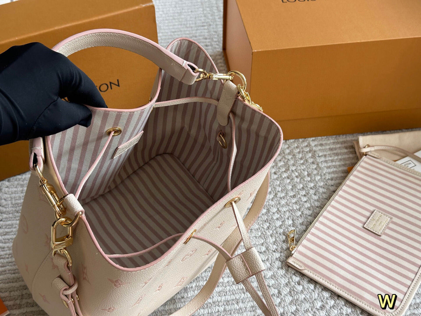 Cream/Pink Monogram Bucket Bag